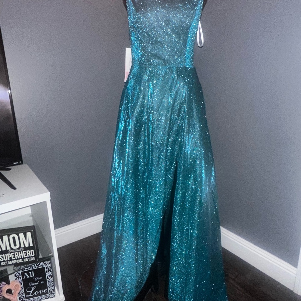Elegant Teal Glitter Evening Gown